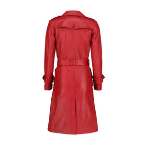 Womens Leather Long Coat-Red
