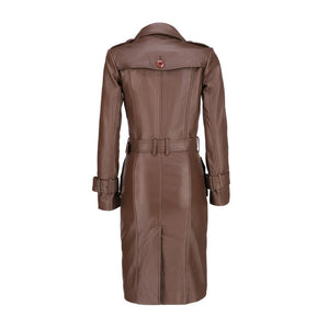 Womens Leather Long Coat-Brown