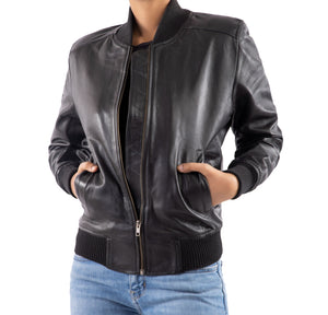 Womens Bomber Leather Jacket-Black