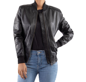 Womens Bomber Leather Jacket-Black