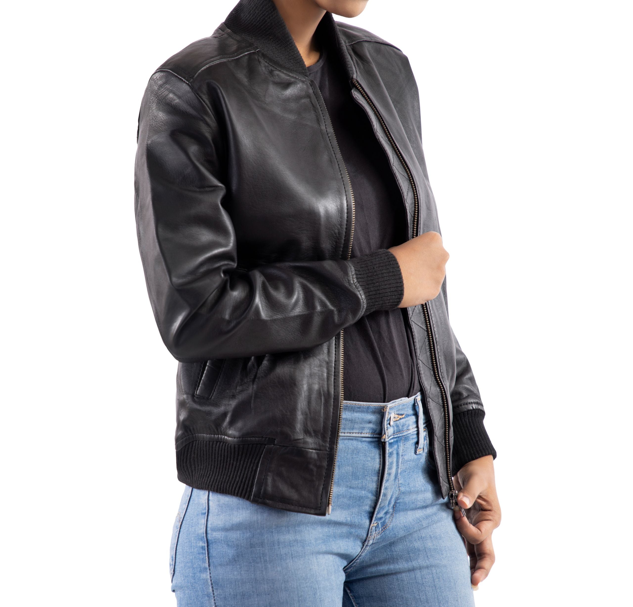 Womens Bomber Leather Jacket-Black