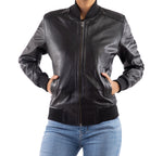 Load image into Gallery viewer, Womens Bomber Leather Jacket-Black
