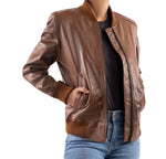 Load image into Gallery viewer, Womens Bomber Leather Jacket-Cognac
