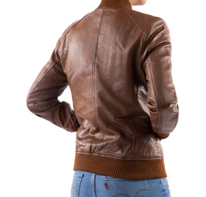 Womens Bomber Leather Jacket-Cognac