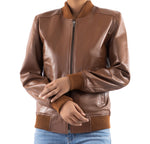 Load image into Gallery viewer, Womens Bomber Leather Jacket-Cognac
