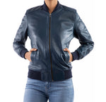 Load image into Gallery viewer, Womens Bomber Leather Jacket-Blue
