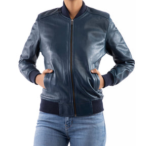 Womens Bomber Leather Jacket-Blue