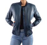 Load image into Gallery viewer, Womens Bomber Leather Jacket-Blue
