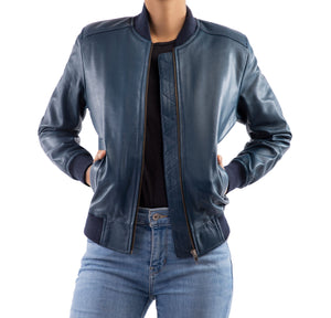 Womens Bomber Leather Jacket-Blue