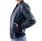 Load image into Gallery viewer, Womens Bomber Leather Jacket-Blue
