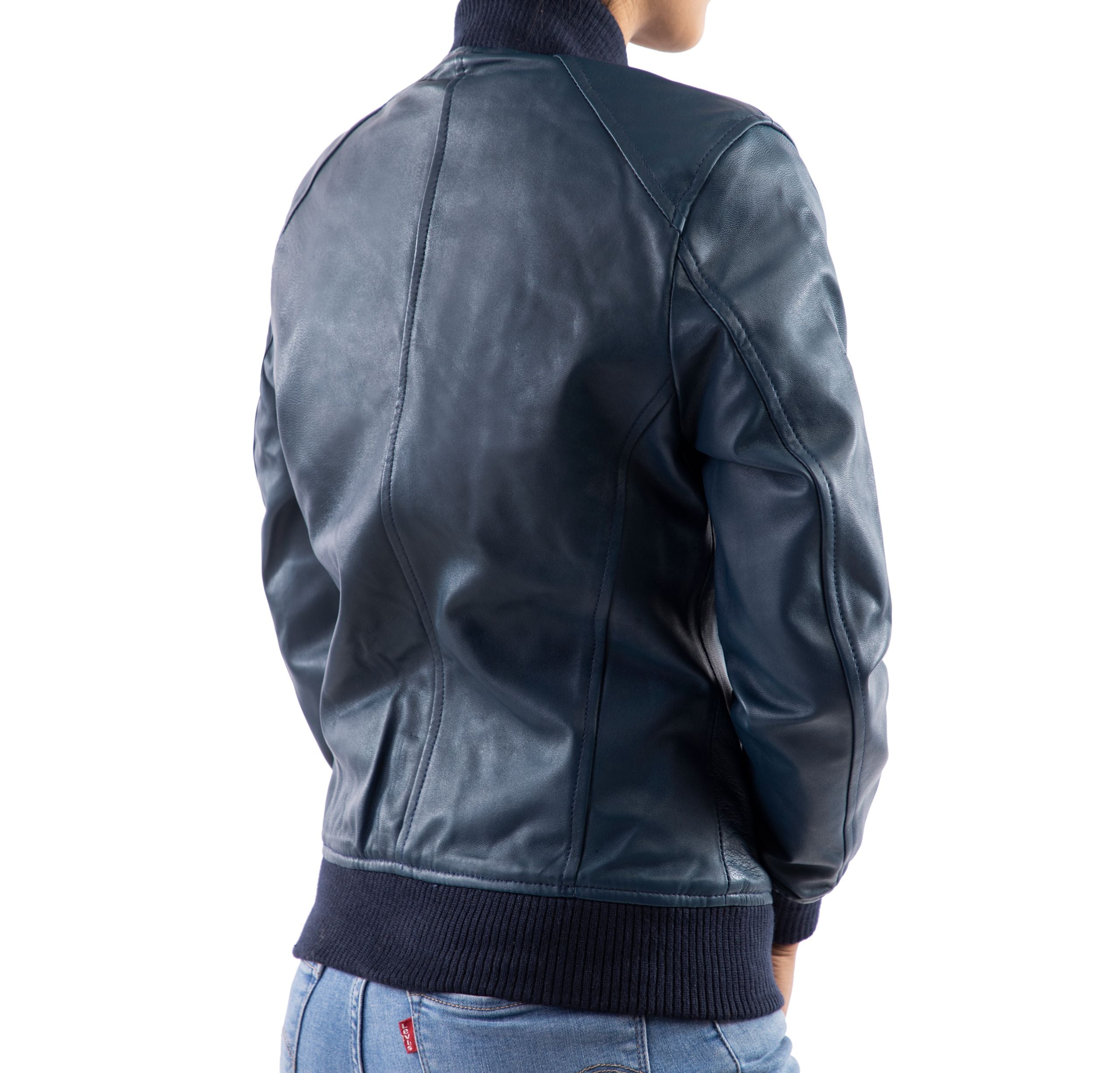 Womens Bomber Leather Jacket-Blue
