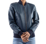 Load image into Gallery viewer, Womens Bomber Leather Jacket-Blue
