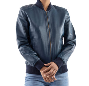 Womens Bomber Leather Jacket-Blue