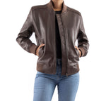 Load image into Gallery viewer, Womens Bomber Leather Jacket-Brown
