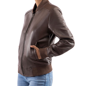 Womens Bomber Leather Jacket-Brown