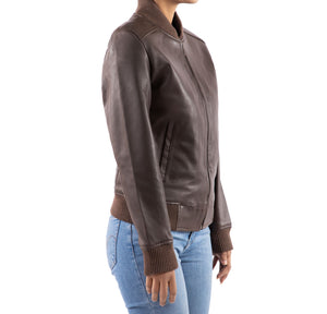 Womens Bomber Leather Jacket-Brown