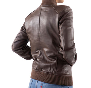 Womens Bomber Leather Jacket-Brown