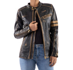 Load image into Gallery viewer, Distressed Café Racer Vintage Leather Jacket Women-Black
