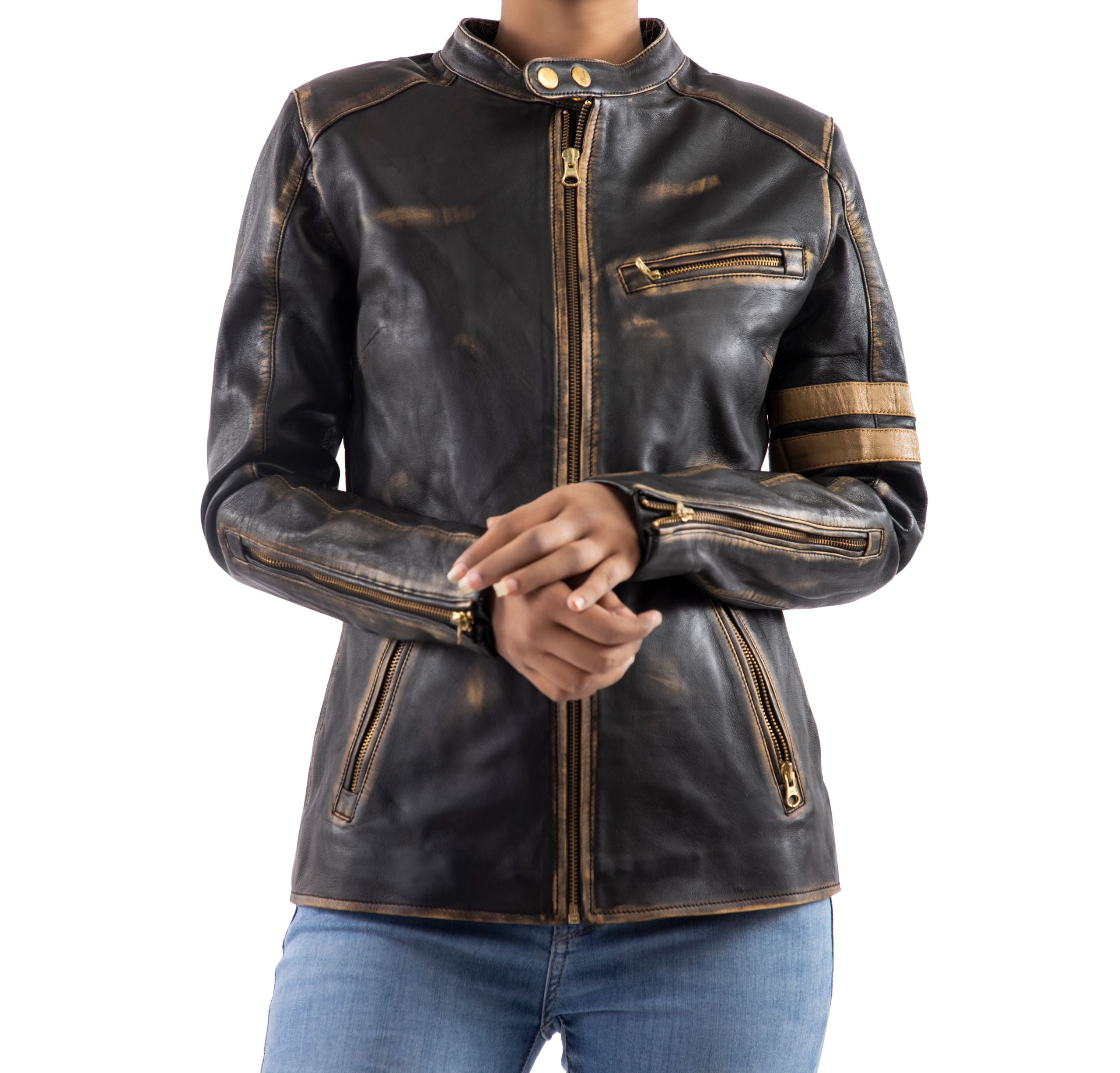 Distressed Café Racer Vintage Leather Jacket Women-Black