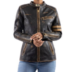 Load image into Gallery viewer, Distressed Café Racer Vintage Leather Jacket Women-Black
