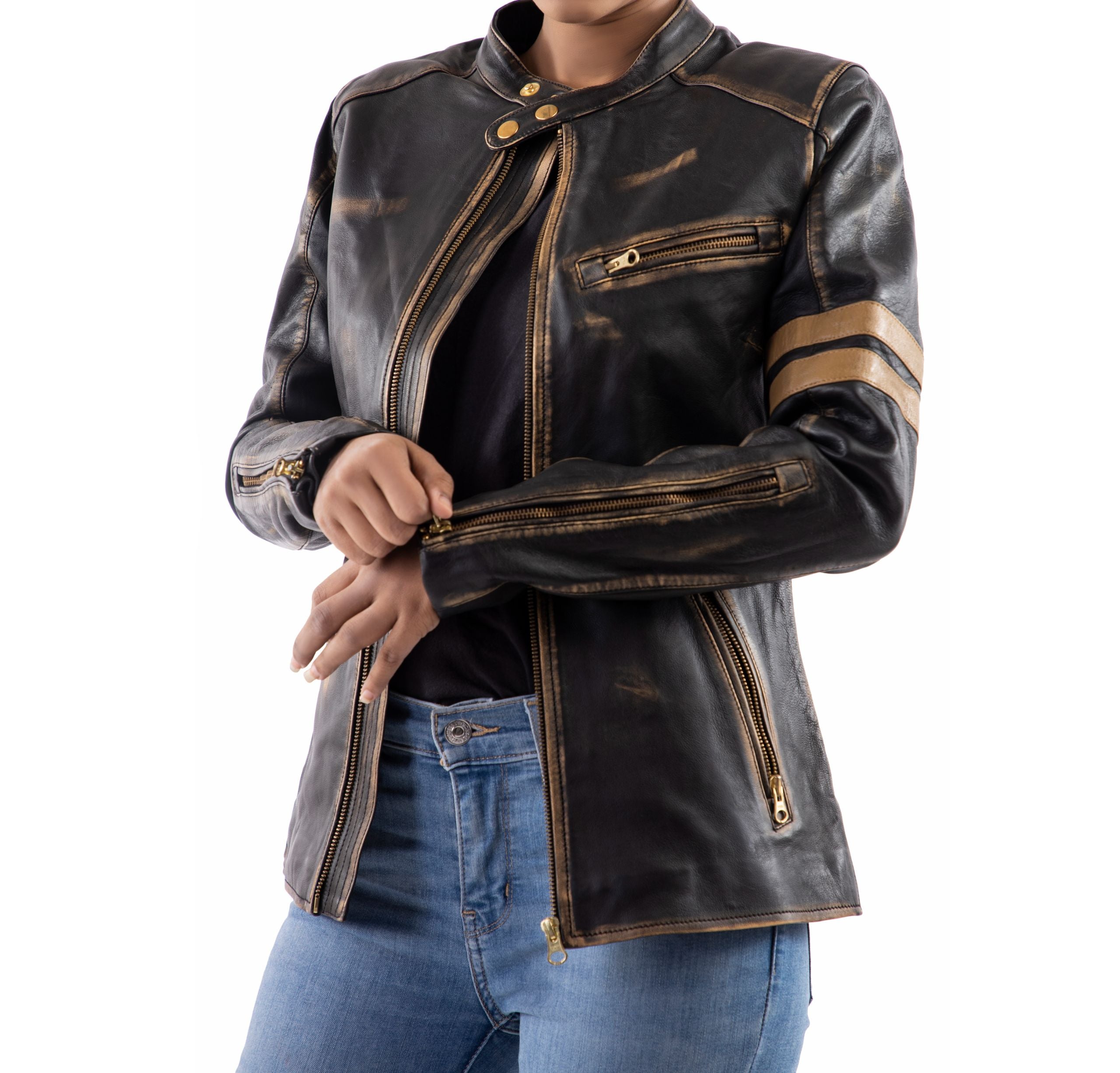 Distressed Café Racer Vintage Leather Jacket Women-Black