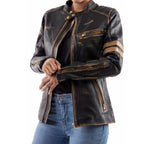 Load image into Gallery viewer, Distressed Café Racer Vintage Leather Jacket Women-Black
