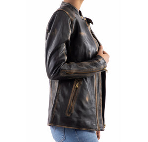 Distressed Café Racer Vintage Leather Jacket Women-Black