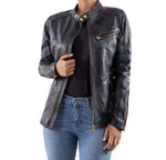 Load image into Gallery viewer, Distressed Café Racer Vintage Leather Jacket Women-Blue
