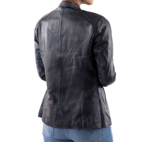 Distressed Café Racer Vintage Leather Jacket Women-Blue