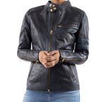 Load image into Gallery viewer, Distressed Café Racer Vintage Leather Jacket Women-Blue
