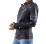 Load image into Gallery viewer, Distressed Café Racer Vintage Leather Jacket Women-Blue
