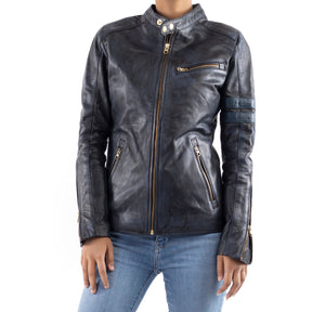 Distressed Café Racer Vintage Leather Jacket Women-Blue