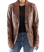 Load image into Gallery viewer, Classic 2-Button Lambskin Leather Blazer Women-Cognac
