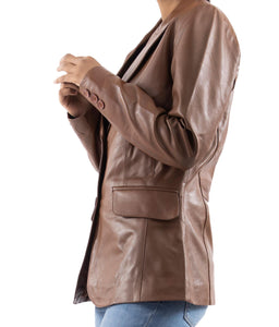 Classic 2-Button Lambskin Leather Blazer Women-Cognac