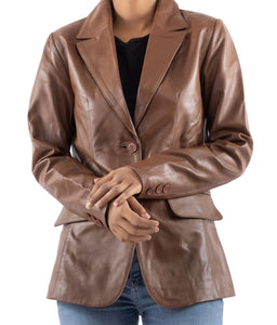 Classic 2-Button Lambskin Leather Blazer Women-Cognac