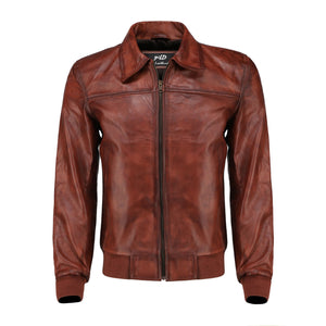 Zipper Vintage Bomber Polo Leather Jacket-Brown