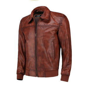 Zipper Vintage Bomber Polo Leather Jacket-Brown