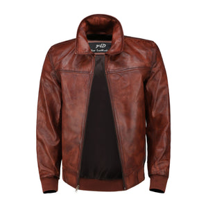 Zipper Vintage Bomber Polo Leather Jacket-Brown