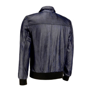 Zipper Vintage Bomber Polo Leather Jacket-Blue