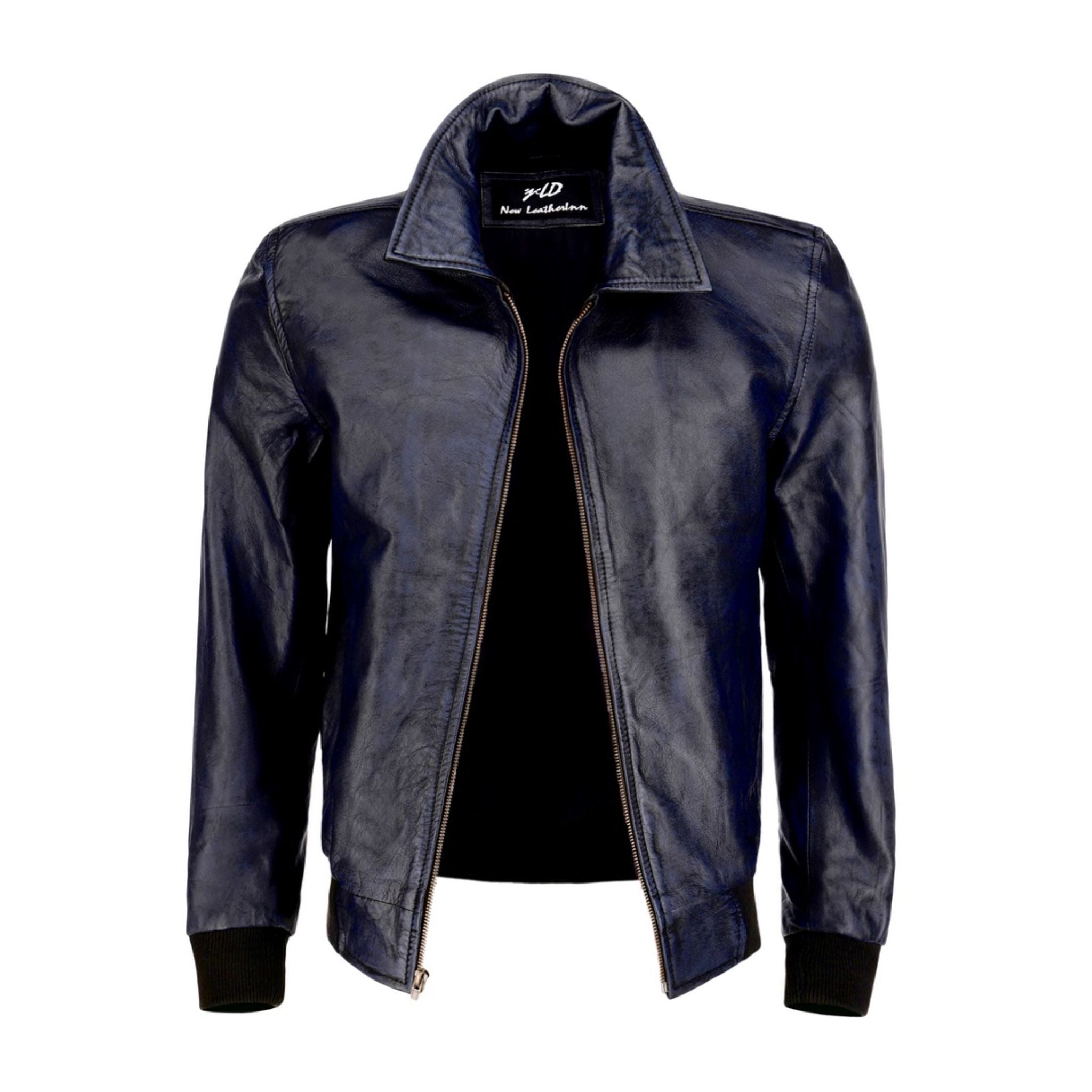 Zipper Vintage Bomber Polo Leather Jacket-Blue