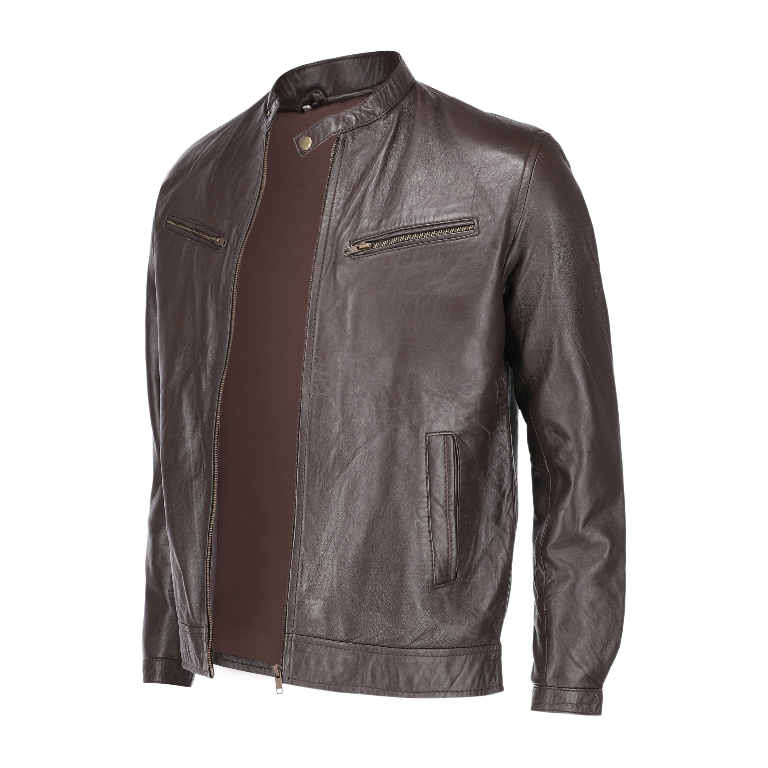 Brown Mens Pure Sheep Leather Zipper Jacket